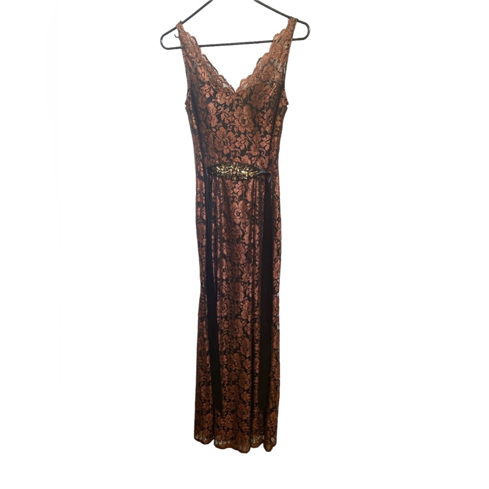 Cache Maxi Copper and Black Dress With Jewels and Floral Details Women’s Size 0